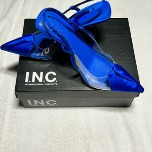 INC International Concepts Women's Colbalt Satin Mixed Media Heels Sz 8‎ NIB